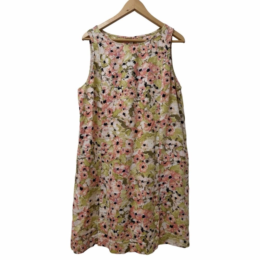 J Jill Womens Love‎ Linen Midi Shift Dress Size L Floral Coastal Beachy Travel
